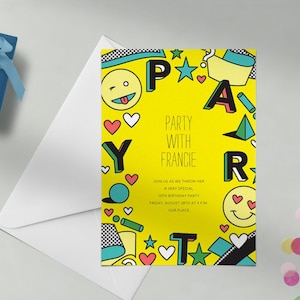 Paperless Post Customizable Kids Birthday Party Invitation Template | Smiley Face, Emojis, Party, Cartoons, Yellow, Green | Instant Download