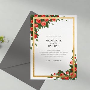 Modelo de convite de casamento personalizável sem papel | Ilustrativo, romântico | Flores, borda, buquê | Download instantâneo