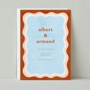 Save The Date bruiloft | Vrolijk en levendig | Pastelblauw, bruinrood | Papierloze aanpasbare sjabloonsjabloon | Direct downloaden