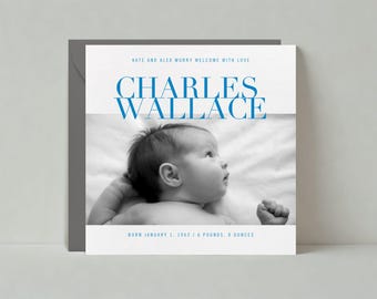 May include: A baby announcement card with a black and white photo of a baby. The card has the name "CHARLES WALLACE" in blue text. The text "KATE AND ALEX MURRY WELCOME WITH LOVE" is above the name, and "BORN JANUARY 1, 1963 / 6 POUNDS, 8 OUNCES" is below.