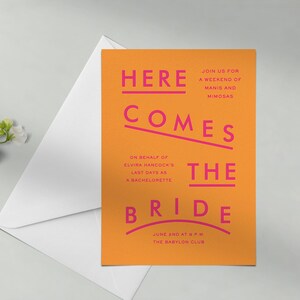 Plantilla de invitación de despedida de soltera personalizable sin papel / Audaz y tipográfica / Moderna, tipografía, rosa / Descarga instantánea