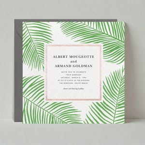 Sjabloon bruiloft uitnodiging | Boho | Palmbladeren, roségoud, groen, bestemming | Directe download, aanpasbaar | Papierloze post