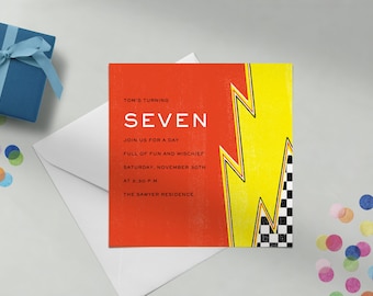 Kids Birthday Party Customizable Invitation Template | Rock And Roll, Lightning, Checkers, Yellow, Black | Instant Download |Paperless Post