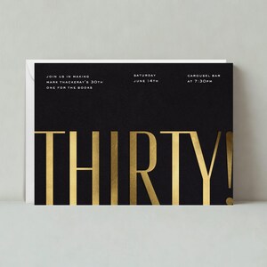 Plantilla de invitación para fiesta de cumpleaños importante / Negrita y tipográfica / Negro, dorado, 30.º cumpleaños / Descarga instantánea, personalizable / Publicación sin papel