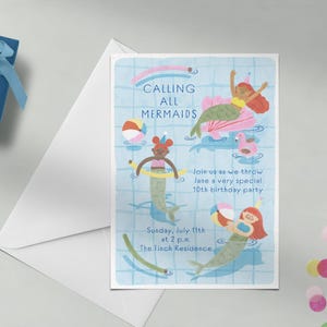 Papierloze post aanpasbare sjabloon voor kinderverjaardagsfeestje | Illustraties, zeemeermin, zachte kleuren, zwevend | Direct downloaden