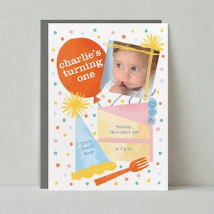 Paperless Post Anpassbare erste Geburtstag und Baby Party Einladung Vorlage | Geburtstags-Hut, Kuchen, Gabel, Konfetti Dot | Sofort Download