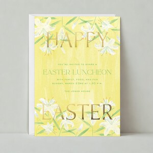 Plantilla de invitación para fiesta de Pascua personalizable sin papel / Primavera, flores, floraciones, cepillado, descolorido, pintado, amarillo / Descarga instantánea