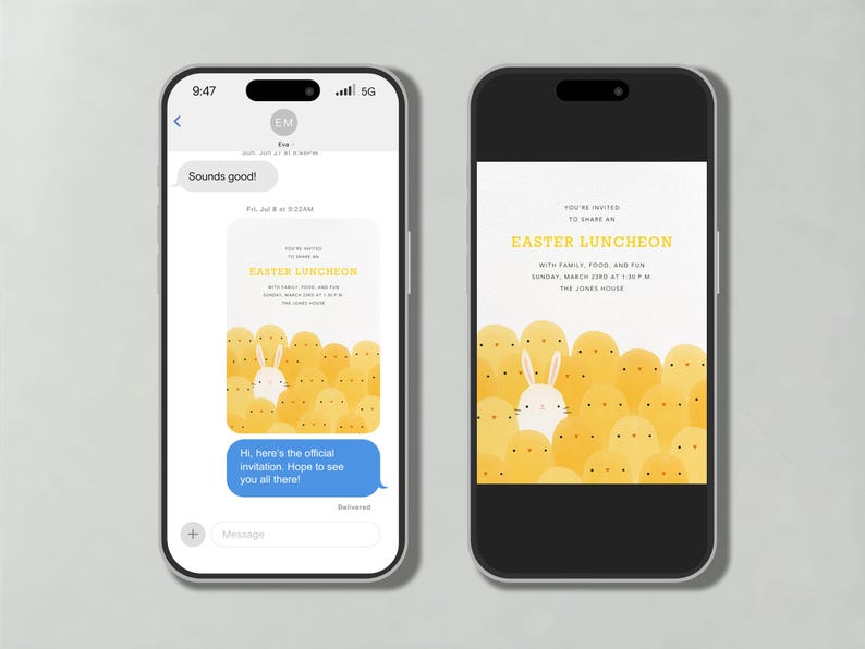 Paperless Post Customizable Easter Party Invitation Template | Chicks, Bunnies, Cute, Rabbits, White, Yellow, Brunch | Instant Download