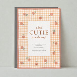 Paperless Post Anpassbare Babypartyeinladungsvorlage | Illustrativ | Pfirsich, Vichykaro, Picknicks, Rosa, Orange | Sofort Download