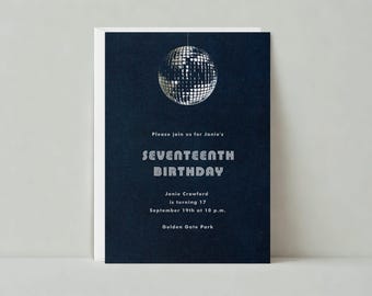 Birthday Party Invitation | Silver Foil, Disco Ball, Metallic, Silver, Blue |Paperless Post Customizable Template | Instant Download
