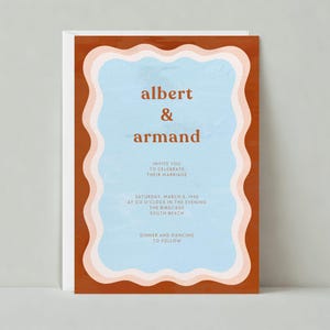 Invitación de boda / Audaz y tipográfica / Azul pastel, rojo parduzco / Plantilla personalizable para publicación sin papel / Descarga instantánea