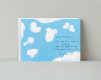 Paperless Post Customizable Baby Shower Invitation Template | Clouds, Baby Toys, Baby Clothes, Blue, Sun And Sky | Instant Download