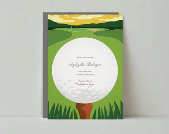 May include: A golf-themed invitation card with a green background and a white golf ball with a brown golf club. The text on the card reads "Join us as we send Sybylla Melvyn on to her next brilliant adventure Sunday, May 3 The Bentham Estate."