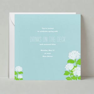 May include: A light blue invitation card with white text that reads "You're invited to celebrate spring with Drinks on the Deck and seasonal bites. Monday, May 31 at noon Rose Manor". The card is decorated with white hydrangea flowers and green leaves.