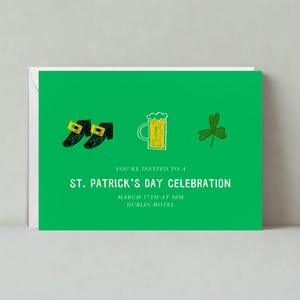 Modèle personnalisable d'invitation de fête de la Saint-Patrick sans papier | pintes, trèfles, trèfles, bière, boucles | Téléchargement instantané