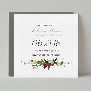 Plantilla personalizable para guardar la fecha de cumpleaños sin papel / Negrita y tipográfica, vintage, retro / Tallo, pétalos / Descarga instantánea