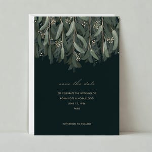 Plantilla personalizable para guardar la fecha de boda sin papel / Ilustrativa / Follaje, hojas, cursiva, pintada, verde / Descarga instantánea