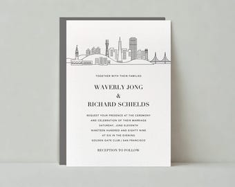 Plantilla de invitación de boda personalizable sin papel / Simple y minimalista / Ciudad, horizonte, edificios / Descarga instantánea