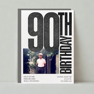 Plantilla de invitación para fiesta de cumpleaños personalizable sin papel / Negrita y tipográfica / Foto, 90 / Descarga instantánea