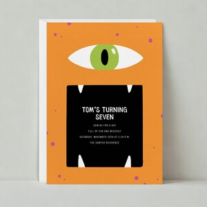 Invito per festa di compleanno per bambini / Denti, zanne, mostro, occhio, verde, nero, arancione / Modello personalizzabile per post senza carta / Download immediato