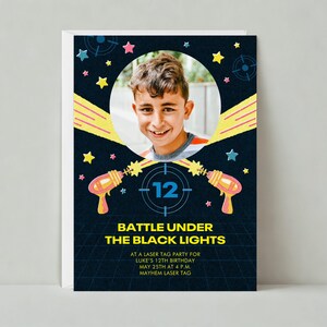 Kindergeburtstag-Einladung | Illustrativ | Lichtstrahl, Laser, Laser Tag, Ziel |Anpassbare Vorlage für papierlose Post | Sofort Download