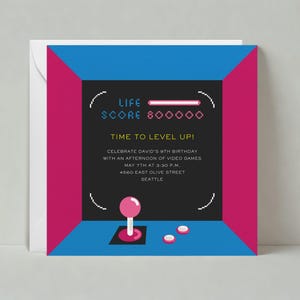 Plantilla de invitación de cumpleaños para niños personalizable sin papel / Videojuegos, geeks, arcades, nerds, rosa, azul / Descarga instantánea
