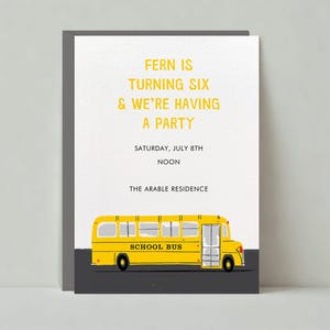 Convite para festa de aniversário infantil | Ônibus, Escola, Carro, Ônibus escolar, Amarelo, Branco | Modelo personalizável de postagem sem papel | Download instantâneo