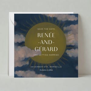 Modelo de reserva de data de casamento personalizável sem papel | Nuvens, céu, sol, raio de sol, pintado, amarelo, creme, azul | Download instantâneo