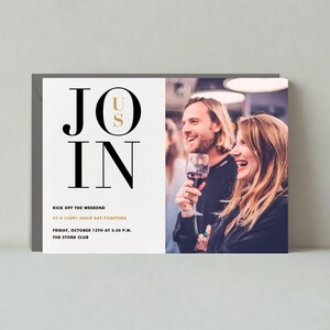 Papierloze post aanpasbare sjabloon voor happy hour-uitnodiging | Gedurfd en typografisch, modern | Goudfolie, foto's | Direct downloaden