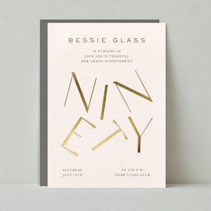 Plantilla de invitación personalizable para fiesta de cumpleaños de hitos sin papel / Negrita y tipográfica / Dorada, 90, números / Descarga instantánea