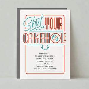 Uitnodiging verjaardagsfeestje | Vet en typografisch | Taartgat, verrassing | Aanpasbare sjabloon papierloze post | Direct downloaden