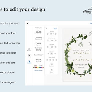 A graphic titled 'Ways to edit your design' with an example of an invitation featuring a couples' name framed by a wreath of greenery, and all the customization tool options, including: customize your text, choose your font, adjust text formatting, change text color, move or add text, upload a picture, and add a monogram.