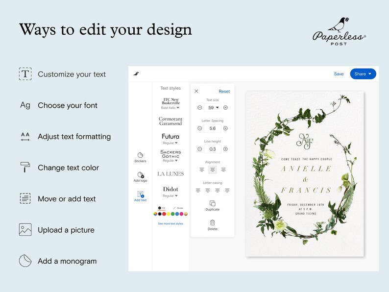 A graphic titled 'Ways to edit your design' with an example of an invitation featuring a couples' name framed by a wreath of greenery, and all the customization tool options, including: customize your text, choose your font, adjust text formatting, change text color, move or add text, upload a picture, and add a monogram.