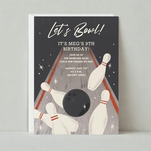 Uitnodiging voor feest | Illustratief | Kinderverjaardag, bowlingpin, bowlen | Teen Tween| Papierloze aanpasbare postsjabloon | Direct downloaden