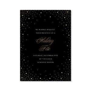 Peut inclure: Carte d'invitation noire avec texte doré et un motif de constellation. Le texte indique "Nous vous prions de bien vouloir honorer de votre présence à une Holiday Fête" et comprend la date, l'heure et le lieu.