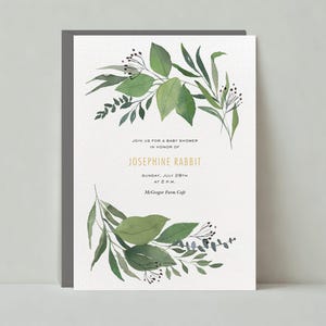 Modèle personnalisable d'invitation de fête de naissance sans papier | Illustration | Aquarelle, feuilles, lumière, peint, vert | Téléchargement instantané