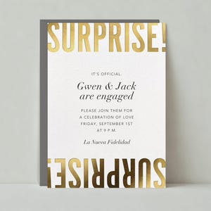 Invitación para fiesta de compromiso / Audaz y tipográfica / Moderna, llamativa, metálica, dorada / Plantilla personalizable para publicación sin papel / Descarga instantánea