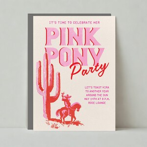 Papierloze post aanpasbare sjabloon uitnodiging verjaardagsfeestje | Illustratief | Paardrijden, cowboy, pastelroze | Direct downloaden
