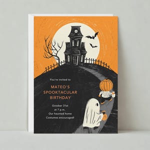 Invitación para fiesta de Halloween infantil / Diseño de disfraces victorianos, casa y calabazas / Plantilla personalizable sin papel / Descarga instantánea
