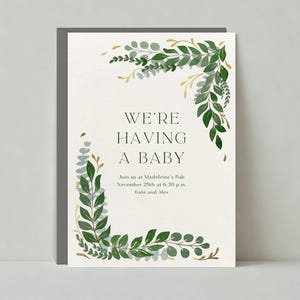 Paperless Post Anpassbare Babypartyeinladungsvorlage | Illustrativ | Eukalyptus, Blätter, Metallic, Grün, Gold | Sofort Download