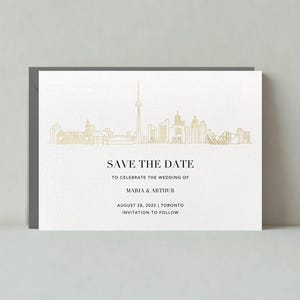 Plantilla personalizable para guardar la fecha de boda sin papel / Moderna / Paisaje urbano, Ciudad, Canadá, Toronto, Horizonte, Dorado / Descarga instantánea