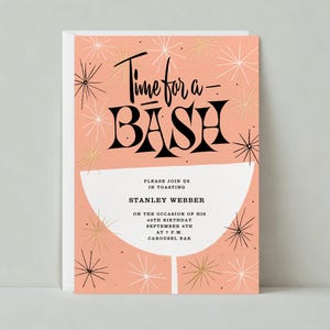 Könnte beinhalten: Eine rosa und weiße Einladung mit goldenen Sternen und dem Text "Time for a Bash" in Schwarz. Die Einladung ist für Stanley Webbers 40. Geburtstagsparty im Carousel Bar am 4. September um 19:00 Uhr.