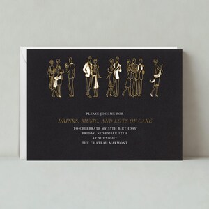 Convite para festa de aniversário | Convívio, Formal, Festa, Art Déco, Pessoas, Preto, Dourado | Modelo personalizável para postagem sem papel | Download instantâneo