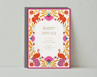 Diwali Party Invitation | Illustrative | Elephant, Flowers, Leaves, Peacocks |Paperless Post Customizable Template | Instant Download