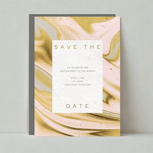 May include: Save the date card with a gold and white marbled background. The text reads "Save the Date" to celebrate the 80th birthday of Jane Murray on June 5, 1948 in St. Louis. Invitation to follow.