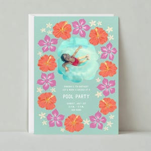 Uitnodiging zwembadfeest | Grafisch | Kinderverjaardag, lijst, hibiscus, poolparty | Aanpasbare sjabloon papierloze post | Direct downloaden