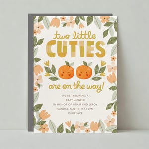 Paperless Post Anpassbare Babypartyeinladungsvorlage | Illustrativ | Blumen, Hell, Zwillinge, Orange, Schreibschrift | Sofort Download
