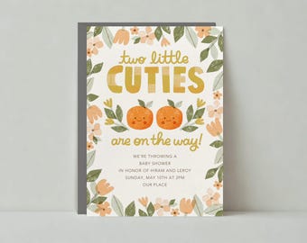 Paperless Post Customizable Baby Shower Invitation Template | Illustrative | Flowers, Light, Twins, Orange, Cursive | Instant Download