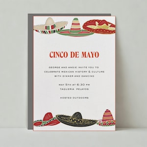 Convite para festa de Cinco de Mayo | México, Sombrero, Chapéu, Creme, Verde, Vermelho | Modelo personalizável de postagem sem papel | Download instantâneo