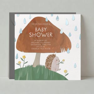 Invitación para baby shower / Erizos, lluvia, acuarela, adorable, pintado, hongos / Plantilla personalizable para publicación sin papel / Descarga instantánea